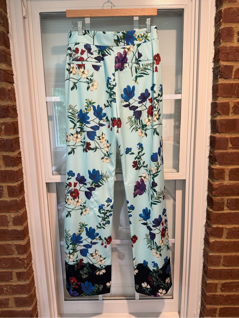 Alice + Olivia Dylan High Waisted Aqua Wide-Leg Pants in “Beautiful Bloom” - Picture 6 of 8